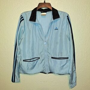 Women Classic Adidas Vintage Zip Up Windbreaker Baby Blue Large